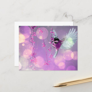 Cartão Postal Bokeh Bubbles Flying Hummingbird - Rosa
