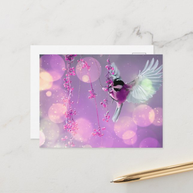 Cartão Postal Bokeh Bubbles Flying Hummingbird - Rosa (Frente/Verso In Situ)