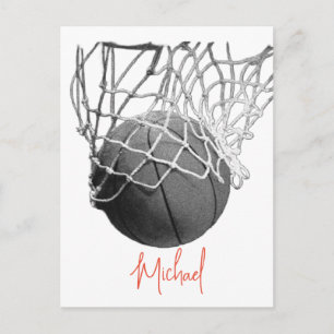 Cartão Postal Bola de Basquete Preta e Branca & Seu Nome na Rede