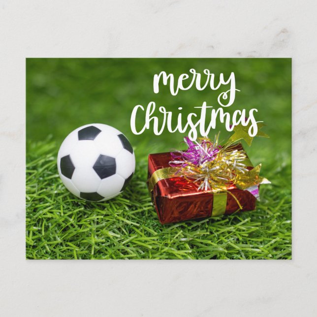 Cartão Postal Bola de futebol com presente Feliz Natal (Frente)
