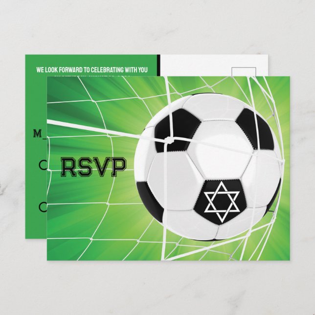 Cartão Postal Bola de futebol no Bar de rede Mitzvah RSVP (Frente/Verso)