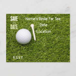 Cartão Postal Bola de golfe com tee no verde Salve a Data 