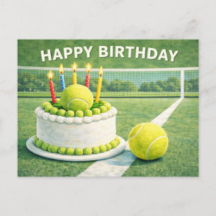 Cartão Postal Bola de tênis com feliz aniversário e bolo no verd