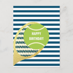 Cartão Postal Bola de Ténis Verde Moderna Azul Marinho Aniversár