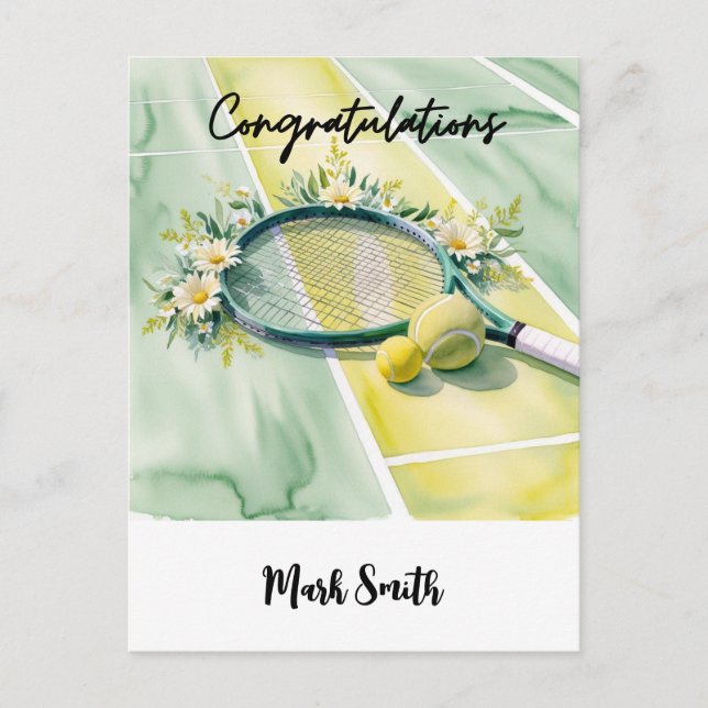 Cartão Postal Bola e flores de congratulações com tema de tênis (Frente)