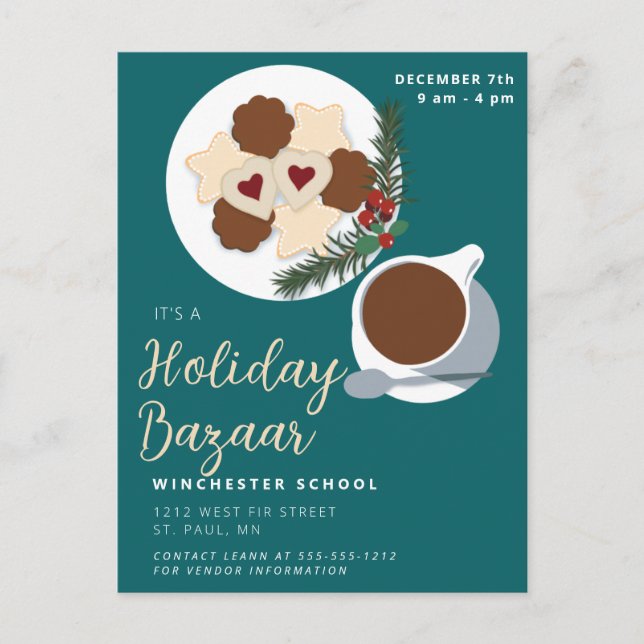 Cartão Postal Bolachas de Natal e café/chá - aviso de bazar (Frente)