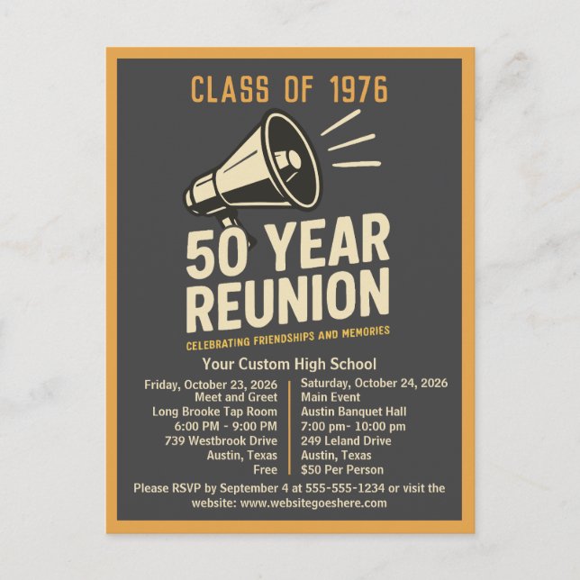 Cartão Postal Bold Retro High School Reunion Pep Rally Megaphone (Frente)