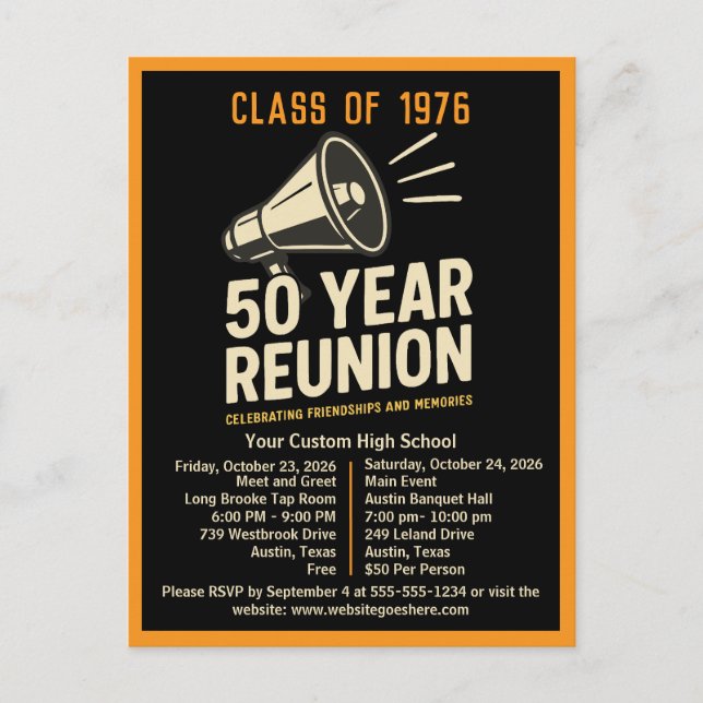 Cartão Postal Bold Retro High School Reunion Pep Rally Megaphone (Frente)