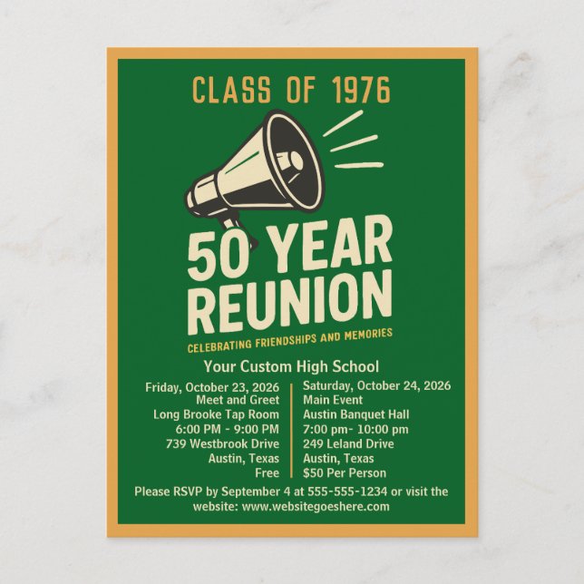 Cartão Postal Bold Retro High School Reunion Pep Rally Megaphone (Frente)