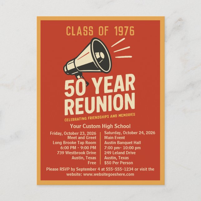 Cartão Postal Bold Retro High School Reunion Pep Rally Megaphone (Frente)
