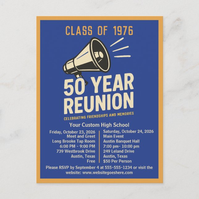 Cartão Postal Bold Retro High School Reunion Pep Rally Megaphone (Frente)