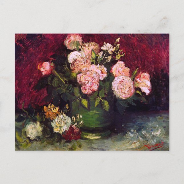 Cartão Postal Boliche com Peonies e Rosas Van Gogh de Belas Arte (Frente)