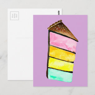Cartão Postal Bolo arco-íris delicioso aquarela arte fofa