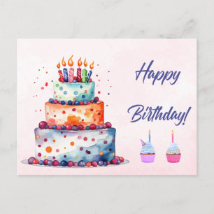 Cartão Postal Bolo de Aniversário Aquarela com Velinhas