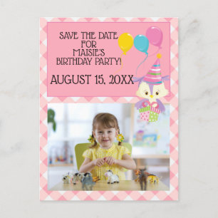 Cartão Postal Bolo de Aniversário Balão de Coruja Rosa Xadrez Fo