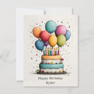 Cartão Postal Bolo de Aniversário Colorido em Aquarela com Velas