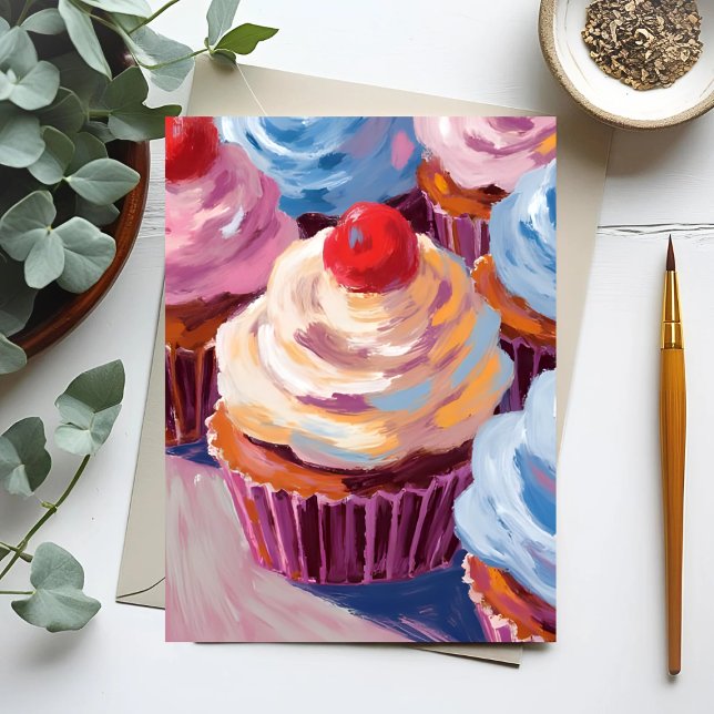 Cartão Postal Bolo de Aniversário com Cupcakes de Cereja Pintura (Criador carregado)