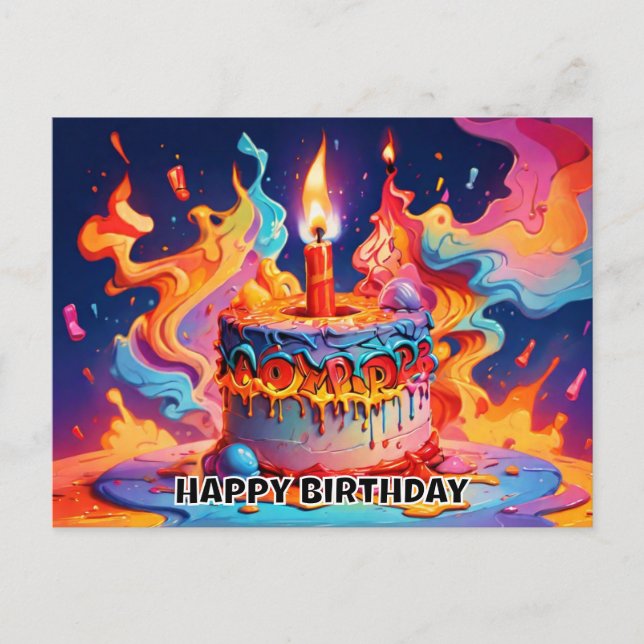 Cartão Postal bolo de aniversário cores psicodélicas aniversário (Frente)
