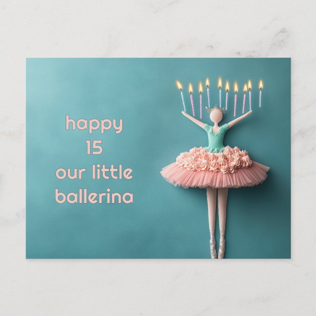 Cartão Postal Bolo de Aniversário de Bailarina Rosa (Frente)