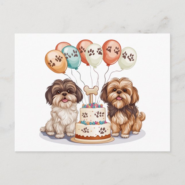 Cartão Postal Bolo de Aniversário de Cachorros Shih Tzu (Frente)