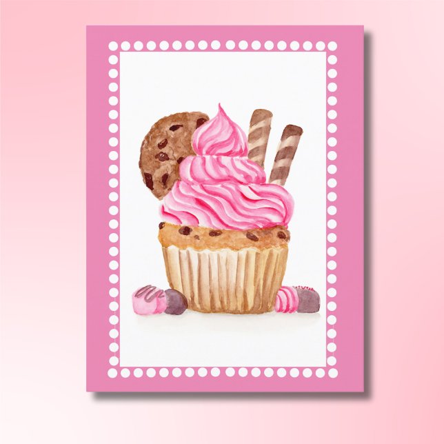 Cartão Postal Bolo de Aniversário de Chocolate com Cupcake Rosa  (Criador carregado)