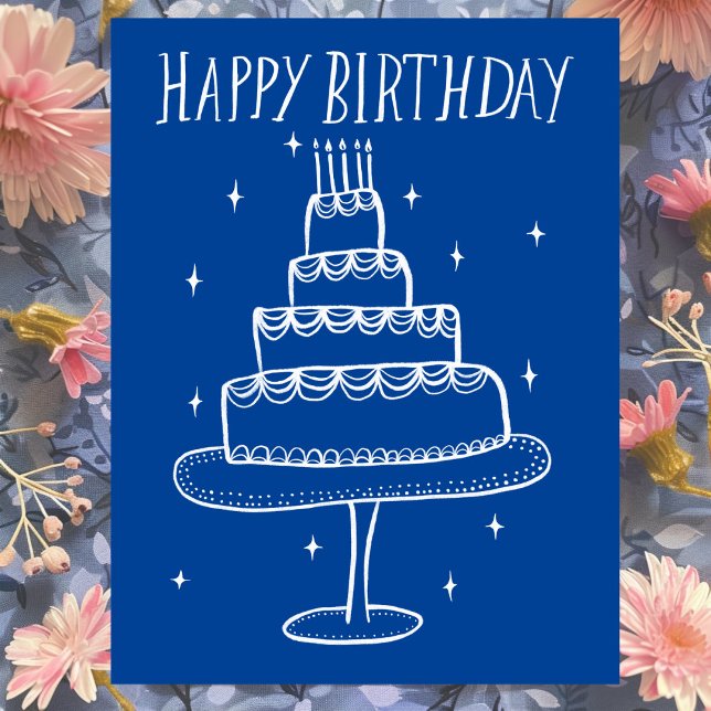 Cartão Postal Bolo de Aniversário Desenho Caprichoso  (Happy Birthday Cake Whimsical Sketch Doodle Blue White Postcard
)
