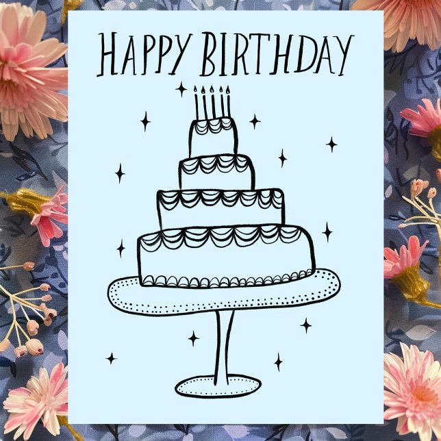 Cartão Postal Bolo de Aniversário Desenho Caprichoso  (Happy Birthday Cake Whimsical Sketch Doodle Postcard
)