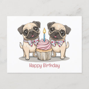 Cartão Postal Bolo de Aniversário do Pug Cachorro Cupcake