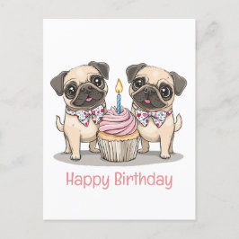 Cartão Postal Bolo de Aniversário do Pug Cachorro Cupcake