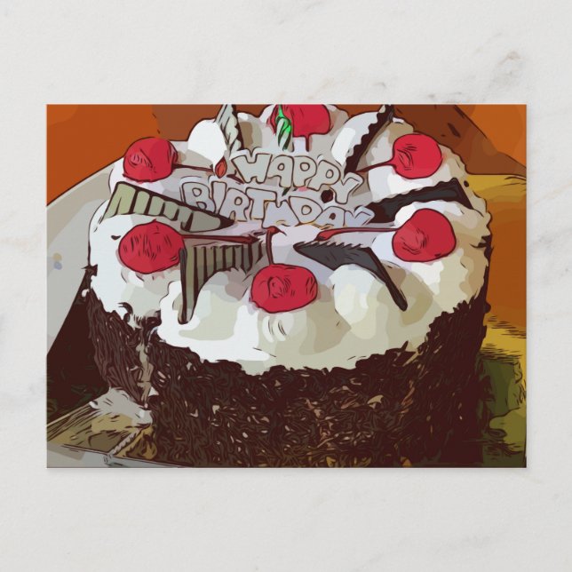 Cartão Postal Bolo de Aniversário Feliz Aniversário com cereja v (Frente)