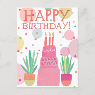 Cartão Postal Bolo de Aniversário Feliz Colorido Fofo Rosa Ousad