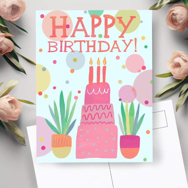 Cartão Postal Bolo de Aniversário Feliz Cor-de-Rosa Colorido Fof (Cute Colorful Happy Birthday Cake Pink Bold Pop Postcard
)