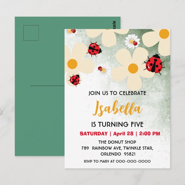 Cartão Postal Bolo de Aniversário Flor de Margarida Joaninha Pon (Frente/Verso)