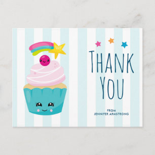 Cartão Postal Bolo de Aniversário Fofo com Cara Kawaii de Obriga