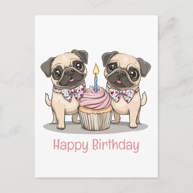 Cartão Postal Bolo de Aniversário para Cachorros Pug (Frente)