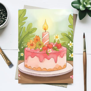 Cartão Postal Bolo de Aniversário Rosa Feliz Aniversário