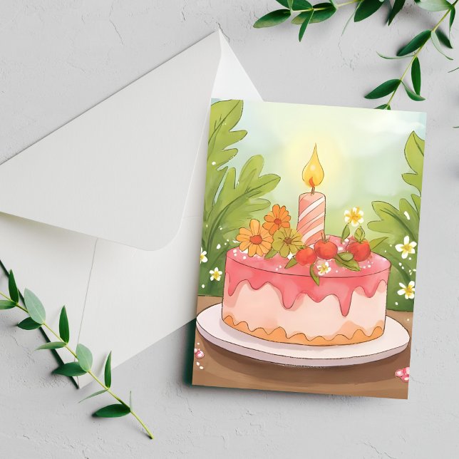 Cartão Postal Bolo de Aniversário Rosa | Feliz Aniversário (Criador carregado)