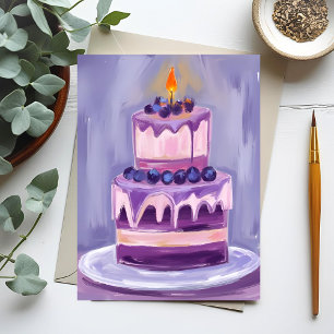 Cartão Postal Bolo de Aniversário Roxo Aquarela