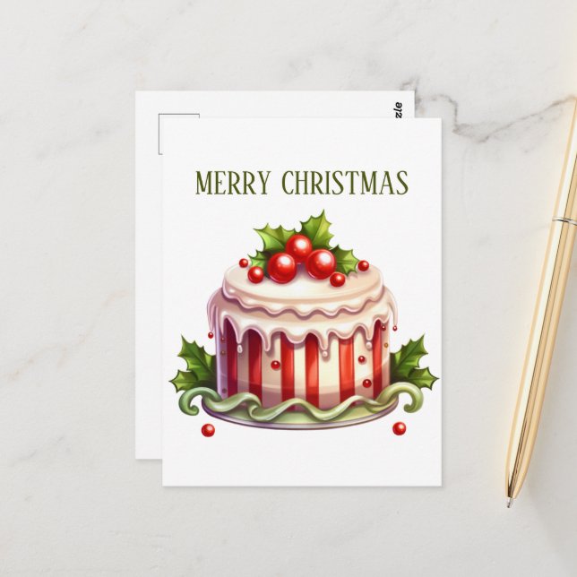 Cartão Postal Bolo de aquarela de Natal festivo adicionar texto (Frente/Verso In Situ)