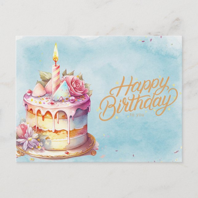 Cartão Postal Bolo de Aquarela Feliz de Aniversário com Flores (Frente)