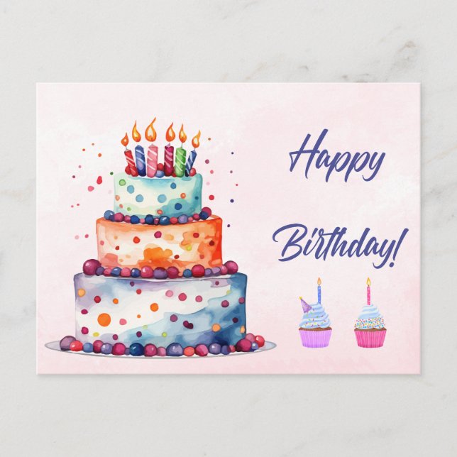 Cartão Postal Bolo de Aquarela Feliz de Aniversário com Velas (Frente)