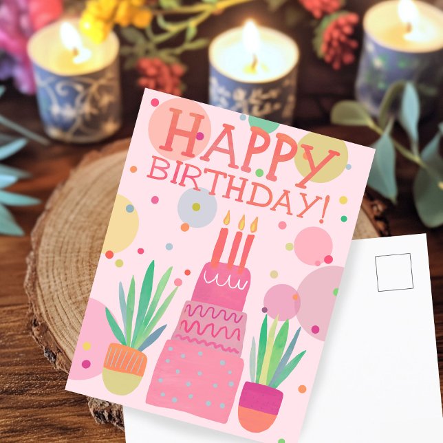Cartão Postal Bolo de Bolo Rosa, Pop (Cute Colorful Happy Birthday Cake Pink Bold Pop Postcard
)