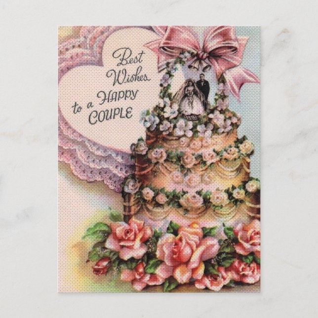 Cartão Postal Bolo de Casamento de Casal Feliz (Frente)