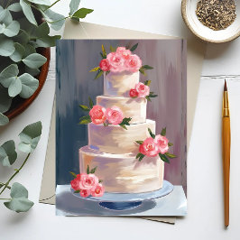 Cartão Postal Bolo de Casamento Rosa Pink | Casamento Aquarela