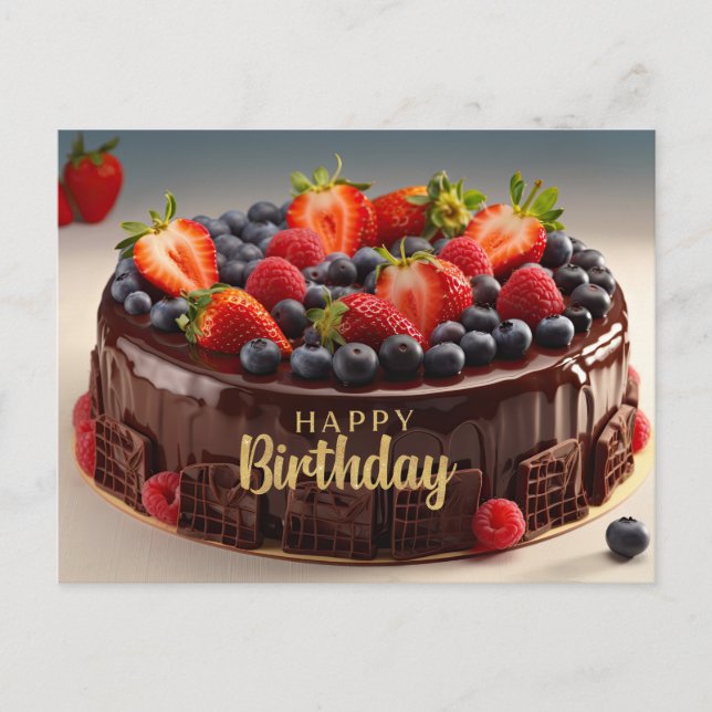 Cartão Postal Bolo de Chocolate de Aniversário com Frutas  (Frente)