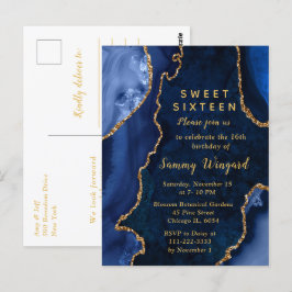 Cartão Postal Bolo de Dezesseis Anos Azul Marinho e Ágata Dourad