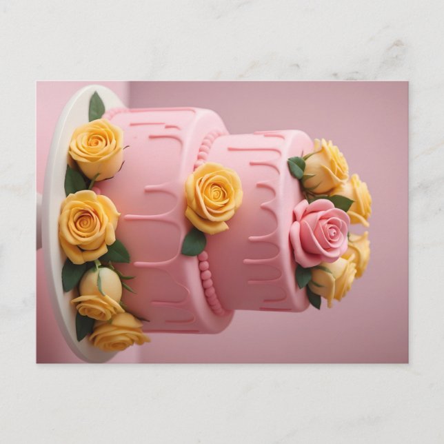 Cartão Postal Bolo de fondant rosa com rosas (Frente)