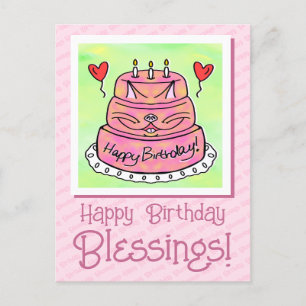Cartão Postal Bolo de Gatinho Rosa Fofo Feliz Aniversário Bênção