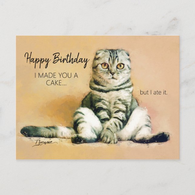 Cartão Postal Bolo de Gato Engraçado Feliz Aniversário (Frente)