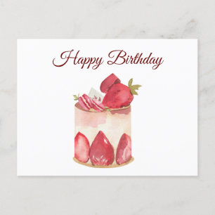 Cartão Postal Bolo de Morango Aquarela Aniversário Feliz 